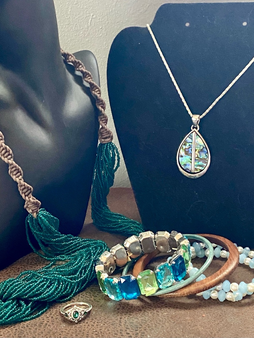 Emerald Green Statement & Iridescent Blue-Green Abalone Pendant Necklaces